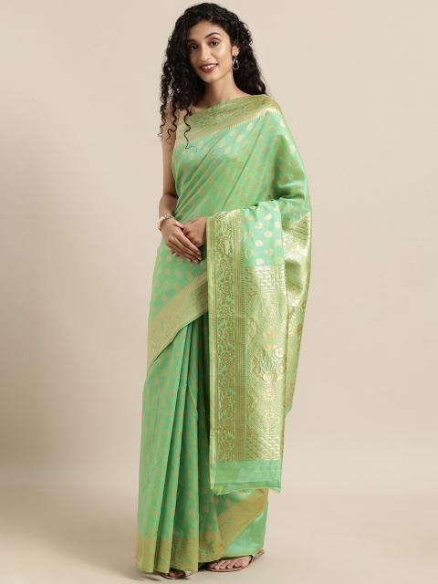 

Satrani Green & Gold-Toned Poly Silk Woven Design Jacquard Kanjeevaram Saree