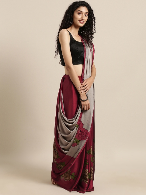 

Satrani Maroon & Beige Pure Chiffon Printed Half & Half Saree