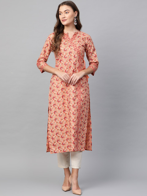 

KSUT Women Peach-Coloured & Pink Foil Print Angrakha Straight Kurta
