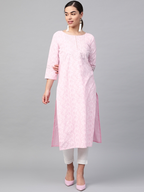 

KSUT Women Pink & White Khari Print Straight Kurta
