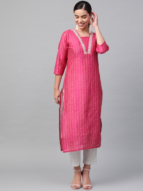 

KSUT Women Pink & Grey Striped Kurta with Trousers