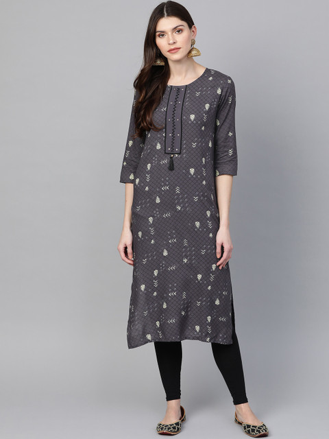 

Anubhutee Women Charcoal Grey & Off-White Printed Straight Kurta