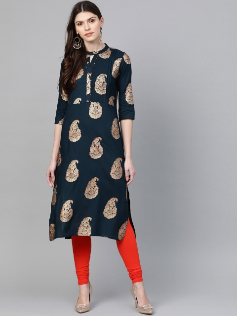 

Anubhutee Women Teal Blue & Golden Foil Print Straight Kurta