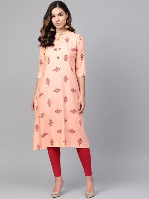 

Anubhutee Women Peach-Coloured & Maroon Printed A-Line Kurta