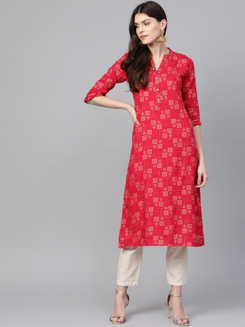 

Anubhutee Women Magenta & Golden Foil Printed A-Line Kurta