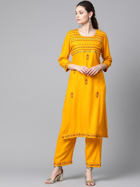 

Anubhutee Women Mustard Yellow & Red Embroidered Kurta with Palazzos