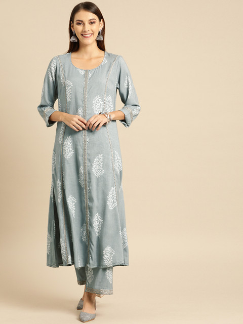 

Soch Women Grey & White Printed Panelled Kurta with Palazzos