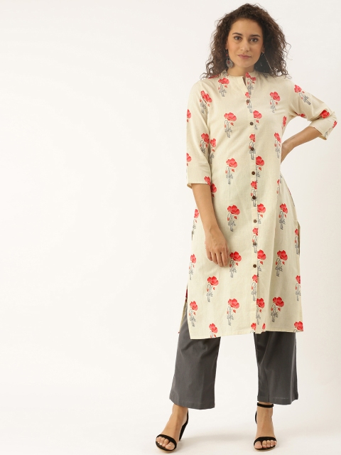 

Soch Women Off-White & Pink Printed Straight Kurta