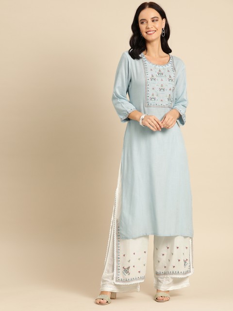 

Soch Women Blue & White Solid Kurta with Palazzos With Embroidered Detailing
