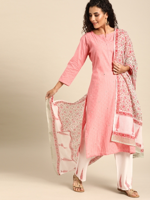 

Soch Women Pink & White Woven Design Kurta with Trousers & Dupatta