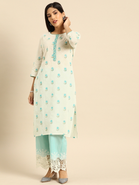 

Soch Women Off-White & Turquoise Blue Printed Kurta with Palazzos