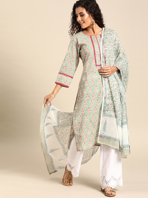 

Soch Women Green & White Printed Kurta with Palazzos & Dupatta