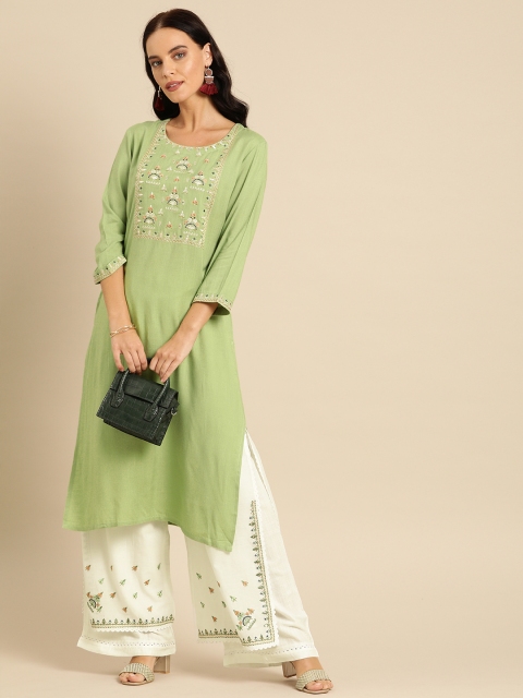 

Soch Women Sea Green & Off-White Yoke Design Kurta & Palazzos with Embroidered Detail