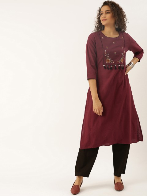 

Soch Women Burgundy & Black Embroidered Kurta with Palazzos