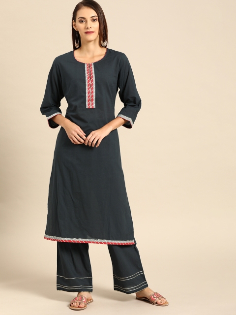 

Soch Women Charcoal Grey Solid Kurta Set with Zari Taping Detail