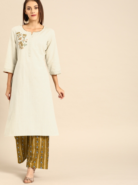 

Soch Women Off-White & Mustard Yellow Solid Kurta with Palazzos