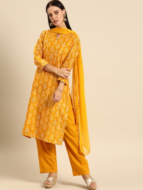 

Soch Women Mustard Yellow & White Printed Chanderi Silk Kurta with Trousers & Dupatta