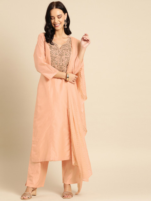 

Soch Women Peach-Coloured Embellished Kurta with Trousers & Dupatta