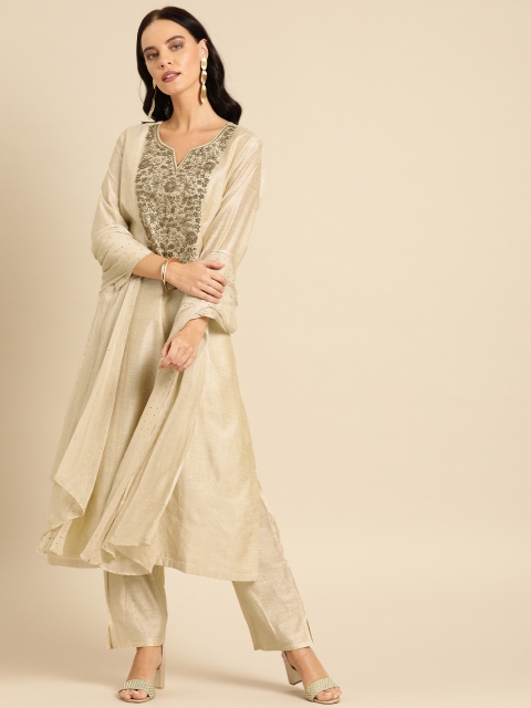 

Soch Women Beige Embellished Kurta with Trousers & Dupatta
