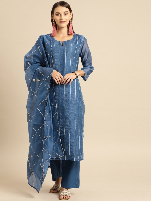 

Soch Women Blue Embroidered Kurta with Trousers & Dupatta With Zari Detail