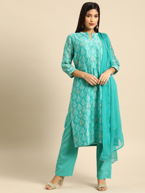 

Soch Women Turquoise Blue & White Printed Chanderi Silk Kurta with Trousers & Dupatta