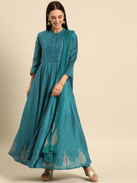 

Soch Women Teal Blue Printed Kurta with Churidar & Dupatta