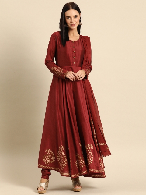 

Soch Women Maroon Printed Kurta with Churidar & Dupatta