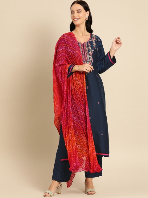 

Soch Women Navy Blue & Pink Embroidered Kurta with Trousers & Dupatta