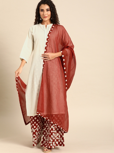 

Soch Women Off-White & Rust Red Woven Design Kurta with Palazzos & Dupatta