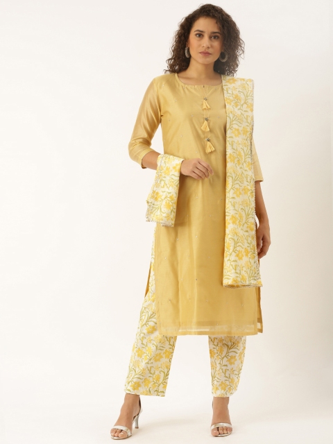 

Soch Women Mustard Yellow Embellished Kurta with Palazzos & Dupatta