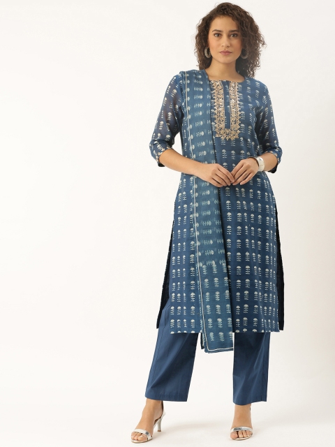 

Soch Women Blue & White Printed Gotta Patti Kurta with Trousers & Dupatta