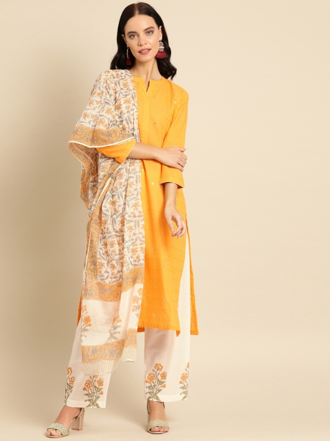 

Soch Women Yellow & White Woven Design Gotta Patti Kurta with Palazzos & Dupatta
