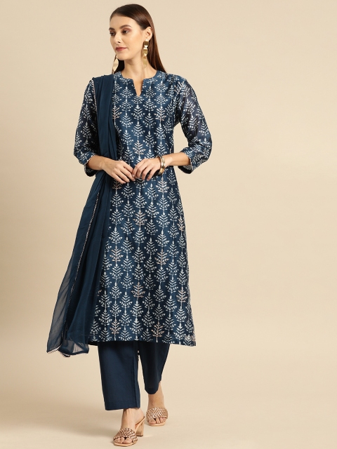 

Soch Women Navy Blue Printed Chanderi Silk Kurta with Trousers & Dupatta