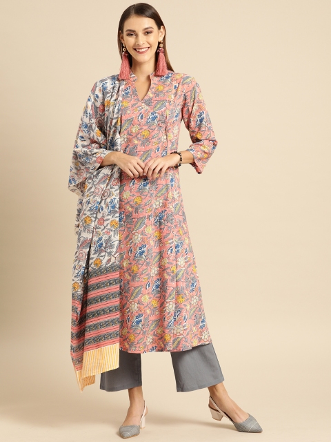 

Soch Women Pink & Grey Printed Kurta with Palazzos & Dupatta