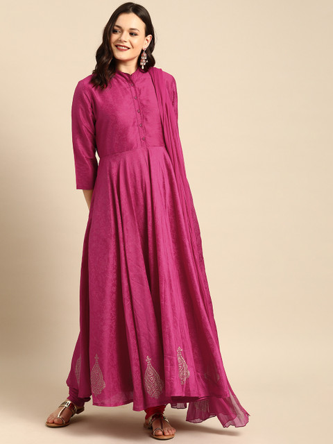 

Soch Women Pink Solid Kurta with Churidar & Dupatta