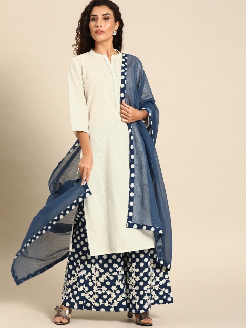 

Soch Women Off-White & Navy Blue Self Design Kurta with Palazzos & Dupatta