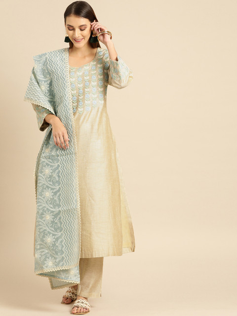 

Soch Women Beige & Blue Embroidered Kurta with Palazzos & Dupatta