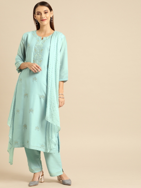 

Soch Women Turquoise Blue Embroidered Kurta with Trousers & Dupatta