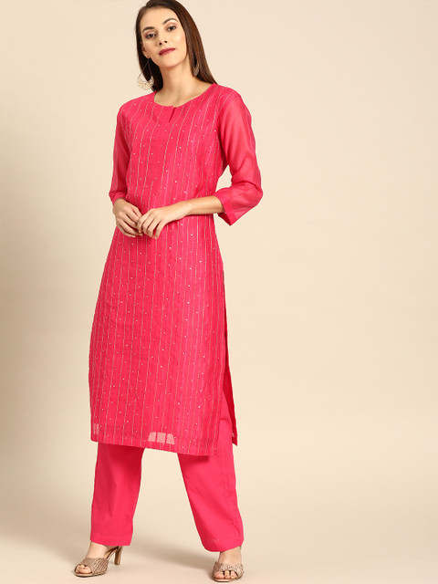 

Soch Women Pink & Gold-Toned Woven Design Kurta with Trousers