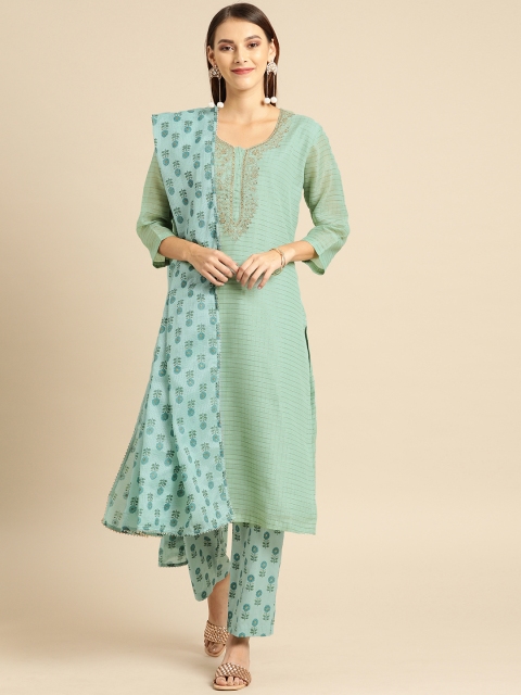 

Soch Women Blue Checked Kurta with Trousers & Dupatta