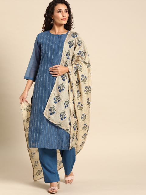 

Soch Women Blue & Beige Self-Striped Sequinned Detail Kurta with Palazzos & Dupatta