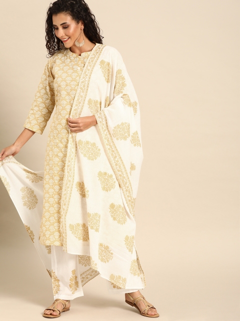 

Soch Women Beige & White Printed Kurta with Trousers & Dupatta