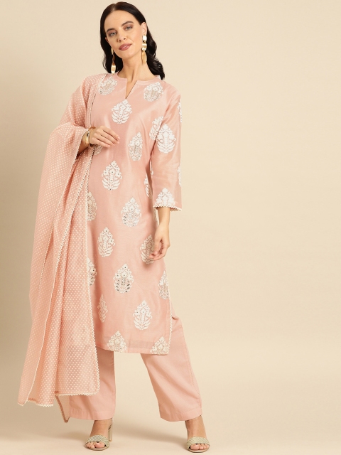 

Soch Women Peach-Coloured & White Printed Kurta Set With Sequinned Detail