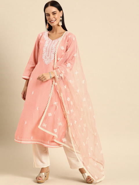 

Soch Women Pink & White Embroidered Chanderi Silk Kurta with Trousers & Dupatta