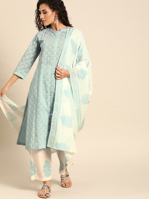 

Soch Women Blue & White Printed Kurta with Palazzos & Dupatta