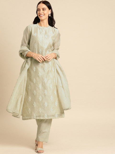 

Soch Women Beige Embroidered Chanderi Silk Kurta with Trousers & Dupatta