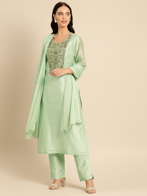 

Soch Women Green & Golden Embellished Kurta with Trousers & Dupatta