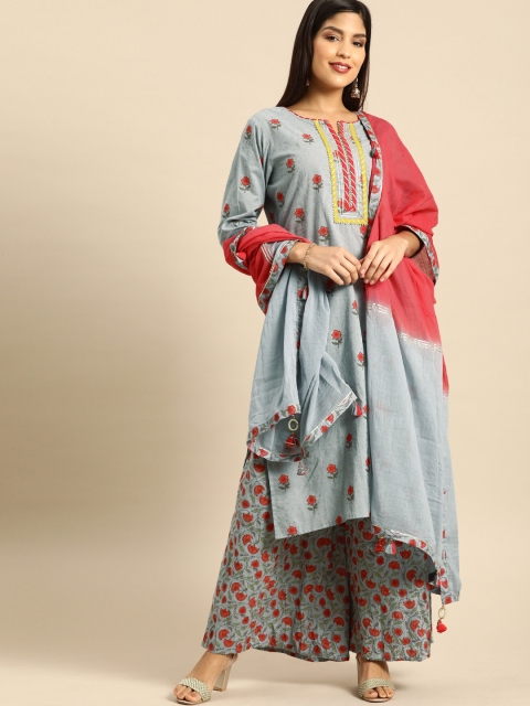 

Soch Women Grey & Orange Printed Kurta with Palazzos & Dupatta