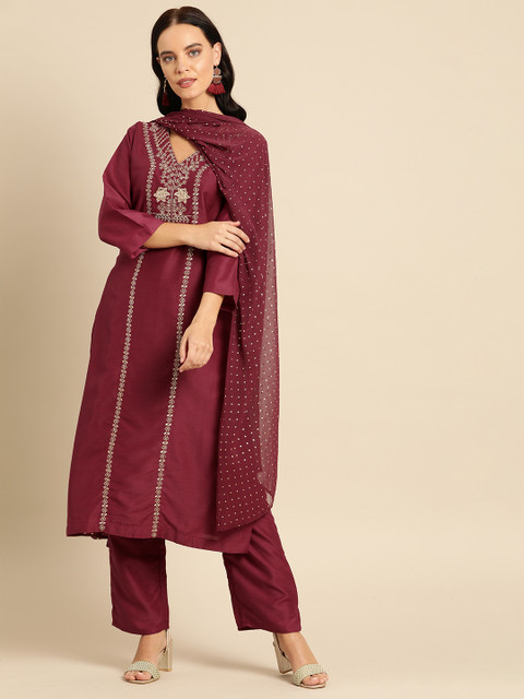 

Soch Women Maroon & Golden Embroidered Kurta with Palazzos & Dupatta