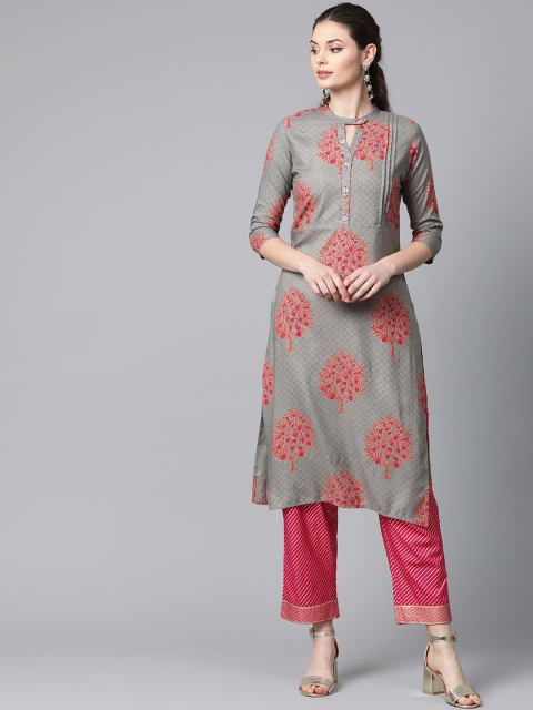 

Anubhutee Women Grey & Pink Printed Kurta with Trousers
